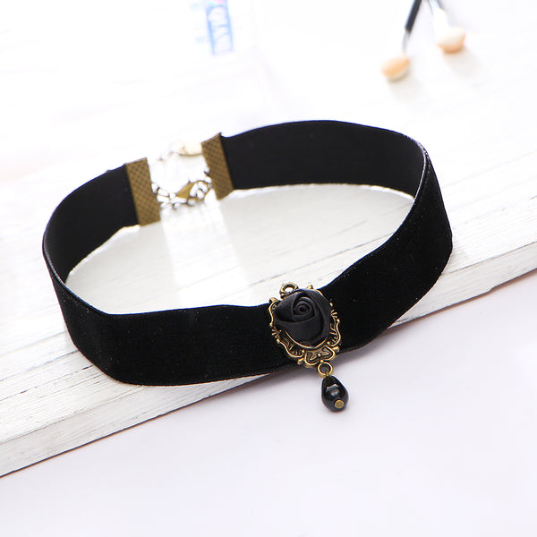 Royal Black Lace Rose Beaded Choker